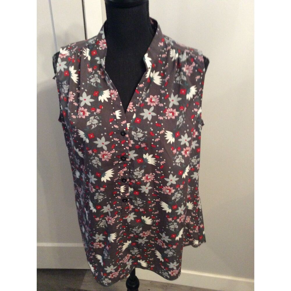 Cabi Gray Floral Sleeveless V Neck Top Womens Large L